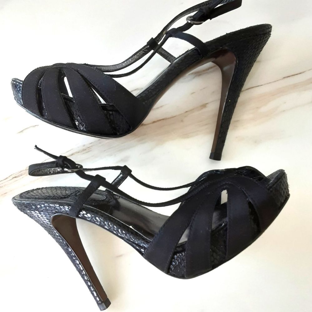 CHARLES DAVID SNAKE SKIN SATIN STRAPPY STILETTO HEELS SZ 6.5B